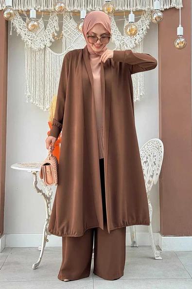 Kimono Bel Lastikli Pantolon Takım 8560 Kahverengi