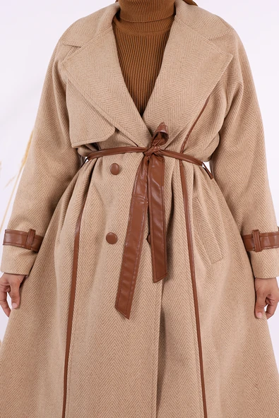 Astarlı Deri Detay Bel Kuşaklı Kaşe Kaban 7868 Vizon - 5