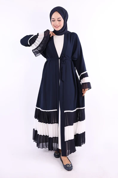 Kol ve Etek Ucu İki Renkli Bel Kuşaklı Piliseli Abaya 7454 Lacivert-ekru