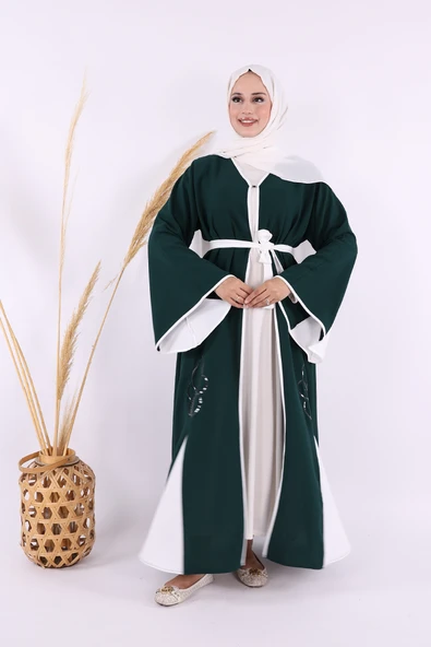 Nakış İşleme Detaylı Bel Kuşaklı Abaya 7901 Zümrüt - 2