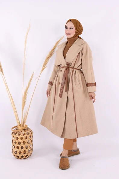 Astarlı Deri Detay Bel Kuşaklı Kaşe Kaban 7868 Vizon - 2