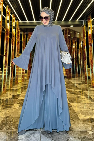 Pilise Detaylı Uzun Tunik ve Pantolon İkili Takım 8575 Gri