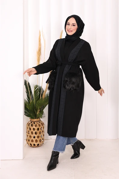 Tüylü Cep Detaylı Bel Kuşaklı Kaban 7865 Siyah - 4