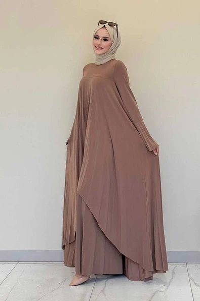 Pilise Detaylı Uzun Tunik ve Pantolon İkili Takım 8575 Taba - 3