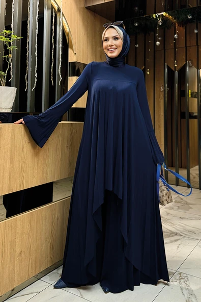 Pilise Detaylı Uzun Tunik ve Pantolon İkili Takım 8575 Lacivert