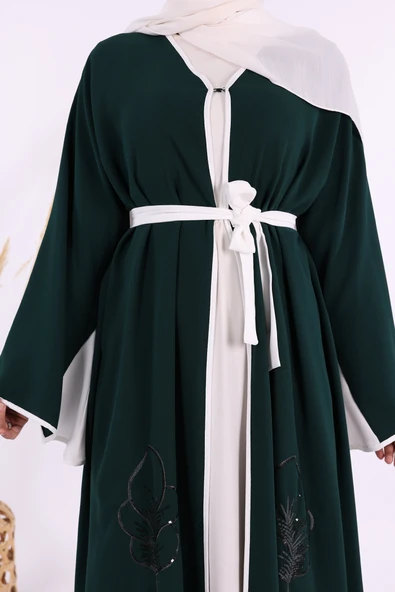 Nakış İşleme Detaylı Bel Kuşaklı Abaya 7901 Zümrüt - 6