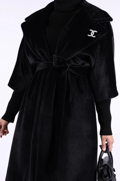 Bel Kuşaklı Yaka Taş Broş Detaylı Kaban 7874 Siyah - Resim 8