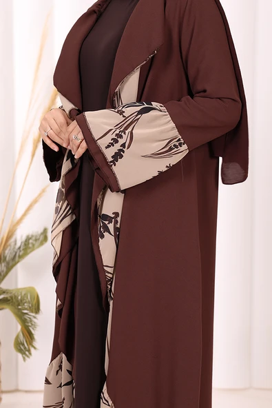 Çiçek Desenli Fırfırlı Abaya 7908 Kahverengi - Resim 6