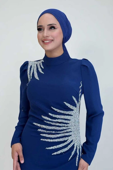 Omuz ve Bel Kısmı Taş Detaylı Abiye Elbise 3909 Lacivert - 4