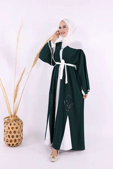 Nakış İşleme Detaylı Bel Kuşaklı Abaya 7901 Zümrüt - 3