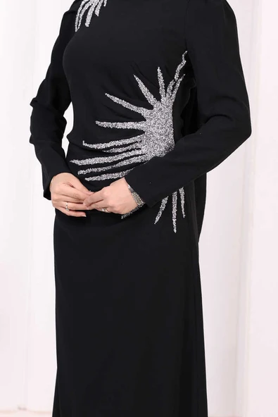 Omuz ve Bel Kısmı Taş Detaylı Abiye Elbise 3909 Siyah - Resim 6