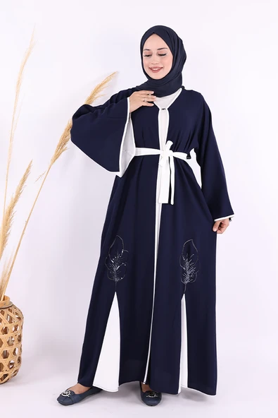 Nakış İşleme Detaylı Bel Kuşaklı Abaya 7901 Lacivert - 2