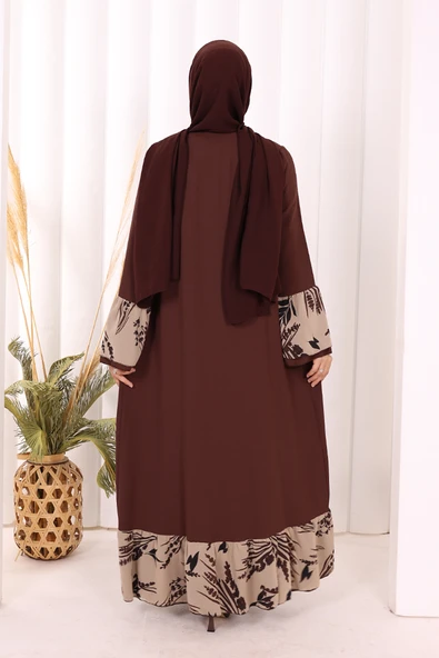 Çiçek Desenli Fırfırlı Abaya 7908 Kahverengi - Resim 4