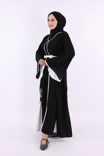 Nakış İşleme Detaylı Bel Kuşaklı Abaya 7901 Siyah - Resim 2