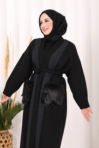 Tüylü Cep Detaylı Bel Kuşaklı Kaban 7865 Siyah - 6