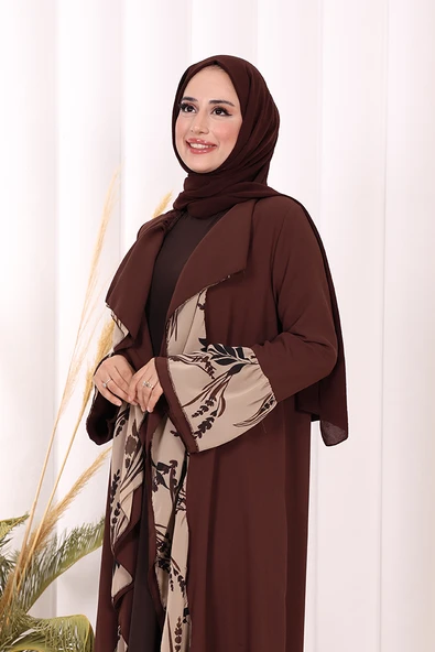 Çiçek Desenli Fırfırlı Abaya 7908 Kahverengi - Resim 5