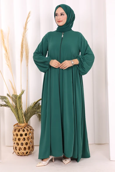 Oval Büzgülü Kol Manşetleri Lastikli Fermuarlı Tam Boy Ferace 6005 Zümrüt - Resim 2