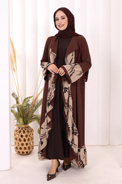 Çiçek Desenli Fırfırlı Abaya 7908 Kahverengi ürün görseli