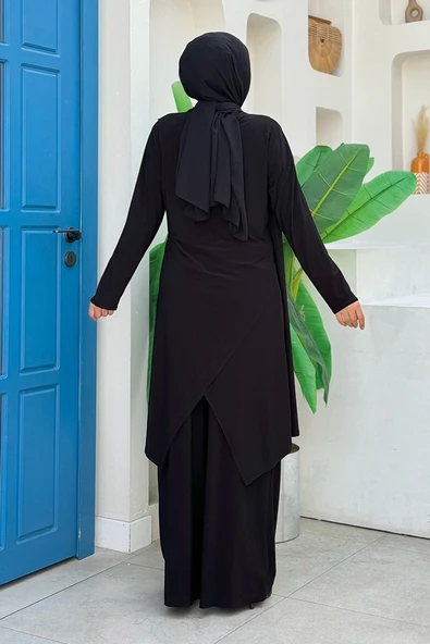 Şal Yaka Verevli Asimetrik Kesim Pantolon Tunik Takım 8552 Siyah - 2