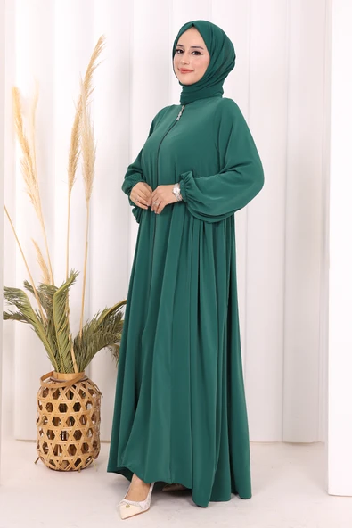 Oval Büzgülü Kol Manşetleri Lastikli Fermuarlı Tam Boy Ferace 6005 Zümrüt - Resim 4
