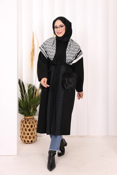 Tüylü Cep Detaylı Bel Kuşaklı Kaban 7865 Siyah