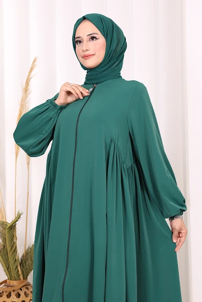 Oval Büzgülü Kol Manşetleri Lastikli Fermuarlı Tam Boy Ferace 6005 Zümrüt - Resim 6