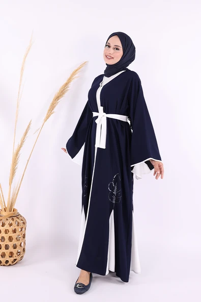 Nakış İşleme Detaylı Bel Kuşaklı Abaya 7901 Lacivert - 3