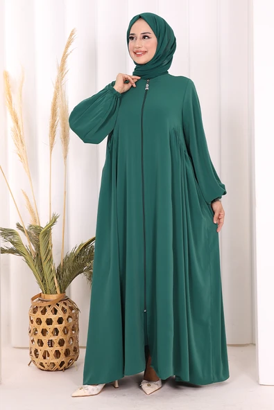 Oval Büzgülü Kol Manşetleri Lastikli Fermuarlı Tam Boy Ferace 6005 Zümrüt - Resim 3