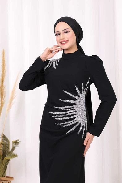 Omuz ve Bel Kısmı Taş Detaylı Abiye Elbise 3909 Siyah - Resim 5
