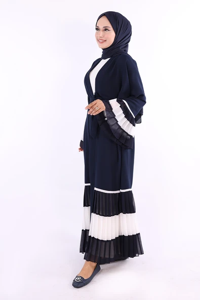 Kol ve Etek Ucu İki Renkli Bel Kuşaklı Piliseli Abaya 7454 Lacivert-ekru - 3