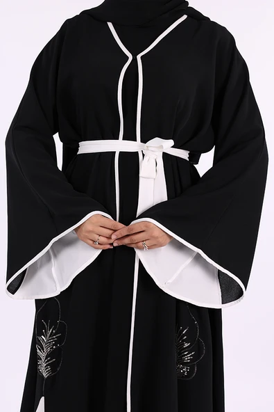 Nakış İşleme Detaylı Bel Kuşaklı Abaya 7901 Siyah - Resim 6