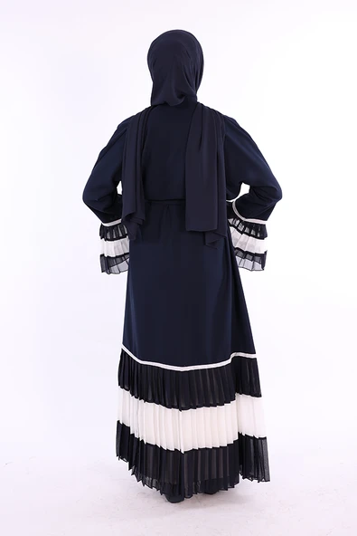 Kol ve Etek Ucu İki Renkli Bel Kuşaklı Piliseli Abaya 7454 Lacivert-ekru - 2