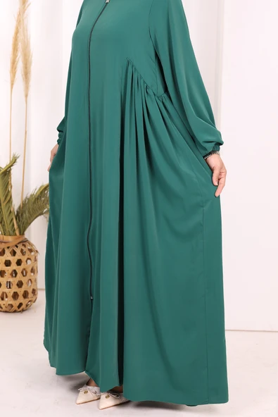 Oval Büzgülü Kol Manşetleri Lastikli Fermuarlı Tam Boy Ferace 6005 Zümrüt - Resim 7