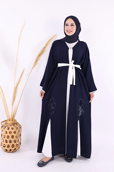 Nakış İşleme Detaylı Bel Kuşaklı Abaya 7901 Lacivert
