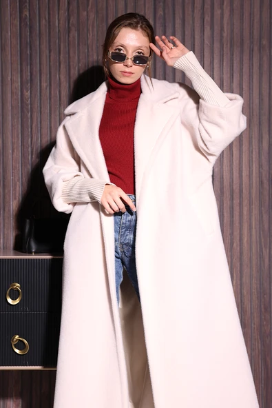 Bel Kuşaklı Yaka Taş Broş Detaylı Uzun Kaban 7923 Taş - Resim 5