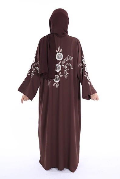 Nakış İşleme Detaylı Bel Kuşaklı Abaya 7898 Kahverengi - Resim 2