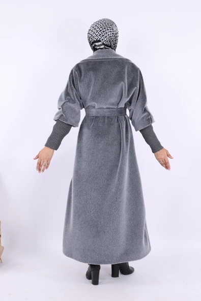 Bel Kuşaklı Yaka Taş Broş Detaylı Uzun Kaban 7923 Gri - 4