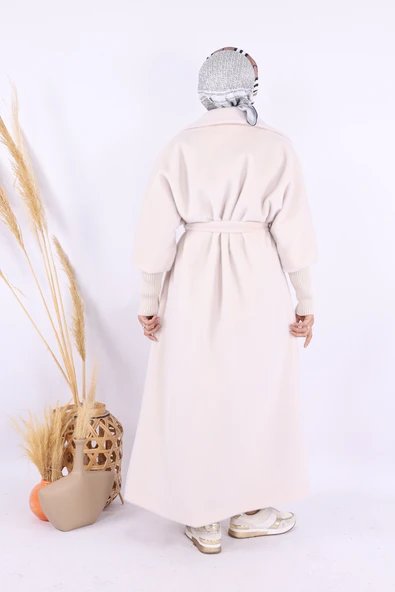 Bel Kuşaklı Yaka Taş Broş Detaylı Uzun Kaban 7923 Taş - Resim 4