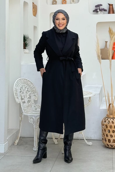 Bel Kuşaklı Astarlı Kaşe Kaban 7519 Siyah