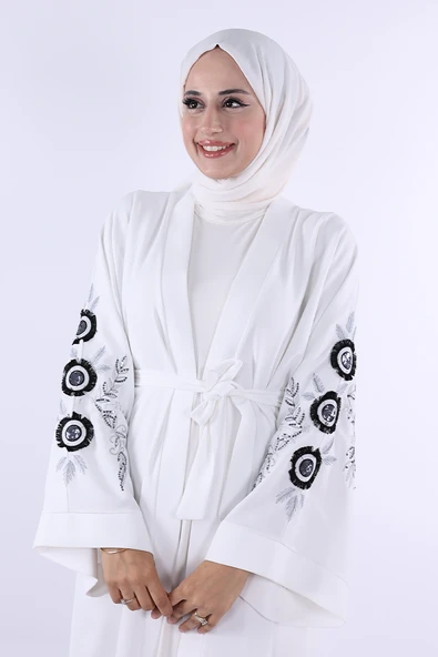 Nakış İşleme Detaylı Bel Kuşaklı Abaya 7898 Ekru - Resim 4