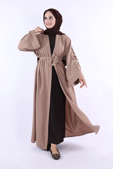 Nakış İşleme Detaylı Bel Kuşaklı Abaya 7898 Vizon