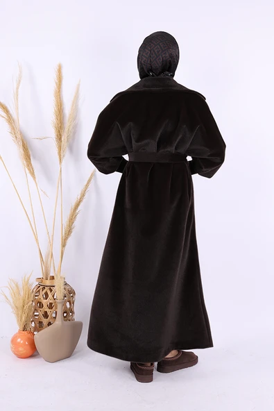 Bel Kuşaklı Yaka Taş Broş Detaylı Uzun Kaban 7923 Kahverengi - 4