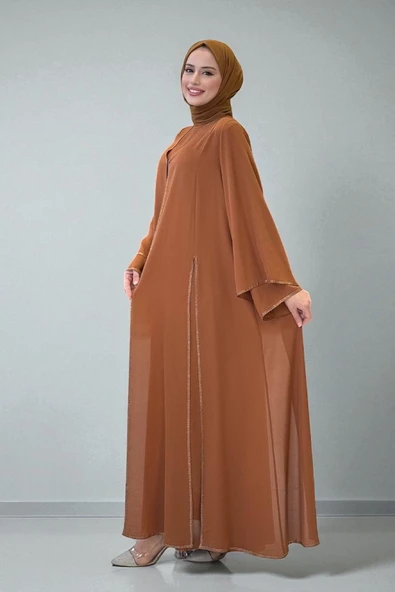 Taş İşleme Detaylı Elbise Abaya Takım 3873 Taba - Resim 3