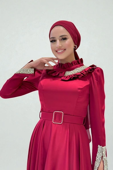 Fırfırlı Taş Detaylı Kemer Aksesuarlı Saten Abiye Elbise 1155 Bordo - Resim 5