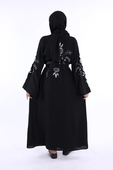 Nakış İşleme Detaylı Bel Kuşaklı Abaya 7898 Siyah - Resim 2
