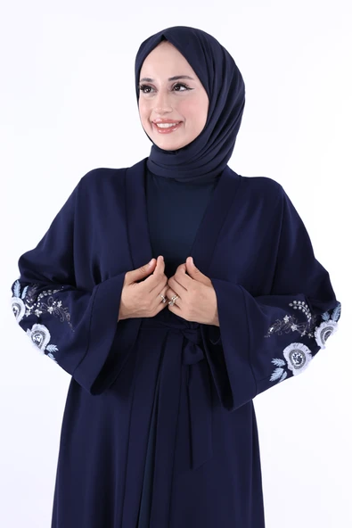 Nakış İşleme Detaylı Bel Kuşaklı Abaya 7898 Lacivert - Resim 5