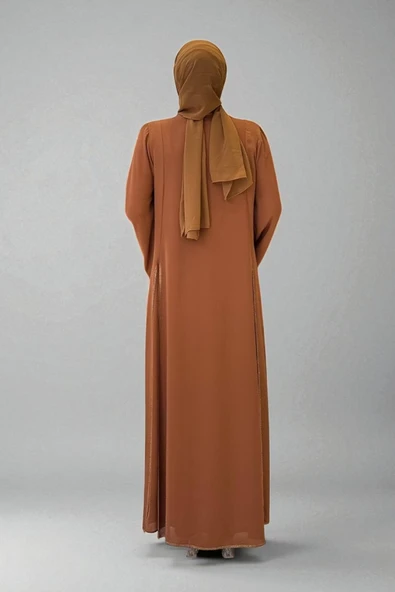 Taş İşleme Detaylı Elbise Abaya Takım 3873 Taba - Resim 2
