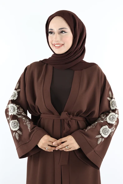 Nakış İşleme Detaylı Bel Kuşaklı Abaya 7898 Kahverengi - Resim 5