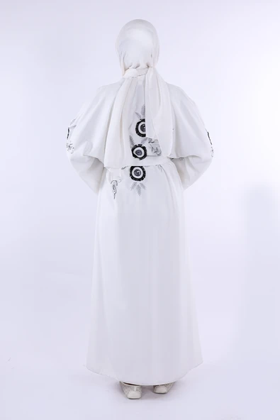 Nakış İşleme Detaylı Bel Kuşaklı Abaya 7898 Ekru - Resim 5