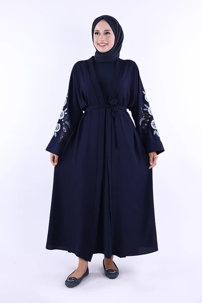 Nakış İşleme Detaylı Bel Kuşaklı Abaya 7898 Lacivert - Resim 2